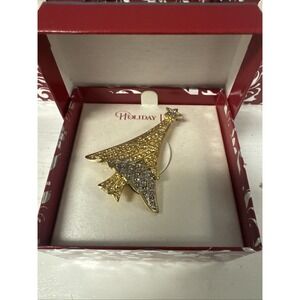 Macy's Holiday Lane Retired Brooch Lapel Pin Rhinestone Gold Silv Christmas Tree